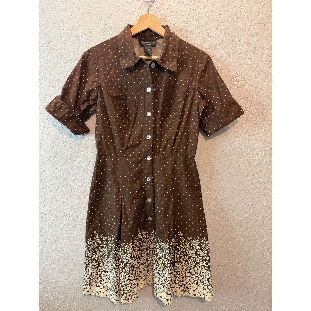Connected Petite Polka Dot Floral Shirt Dress 10P Cottagecore Brown
